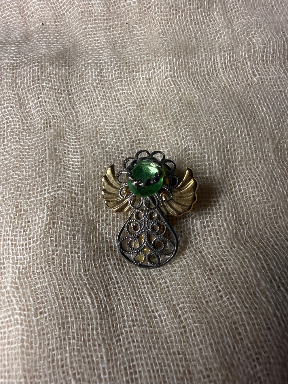 Vintage 2002 Second Earth Mixed Metal Emerald Green Angel Pin Brooch